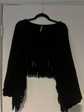 Free People Black Fringe Cropped Suede Shawl/ Poncho - M/L